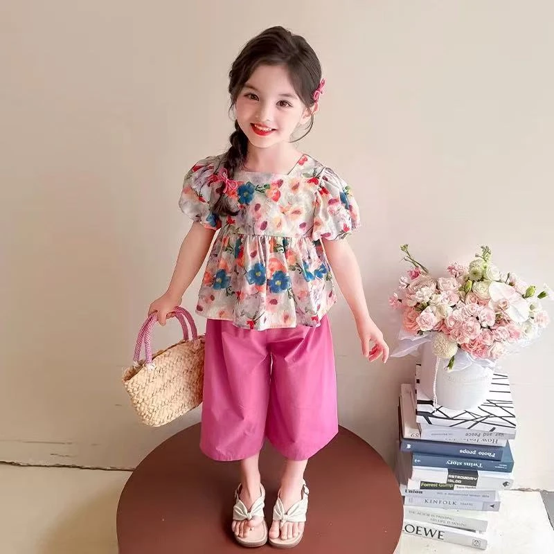 A-Y594女童洋气花朵夏装宝宝时尚女孩衣服夏款儿童娃娃衫两件套