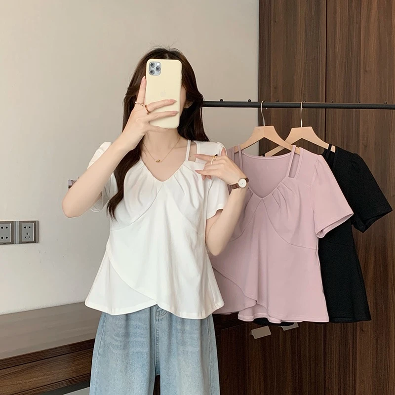 大码女装夏季胖mm法式减龄V领镂空设计感短袖2025新款洋气T恤小众