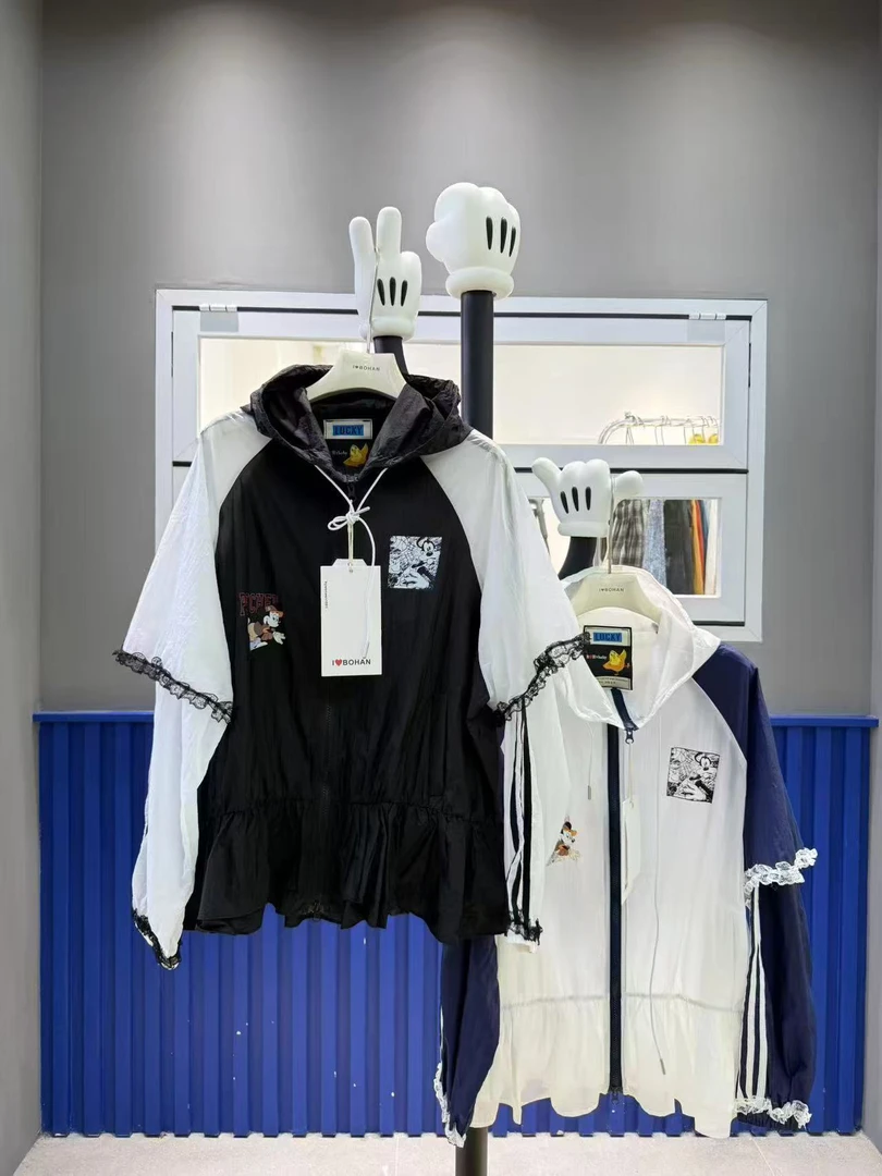 欧洲站BOHAN秀秀2025夏新亲蕾丝花边袖连帽卡通贴图防晒上衣欧货