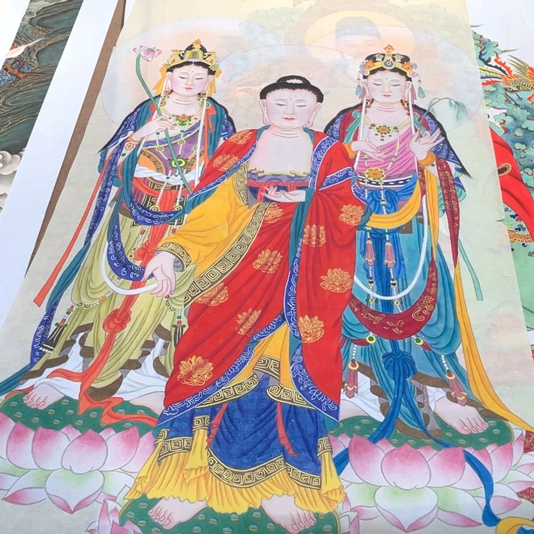 王***跑国画西方三圣作品带手工画轴