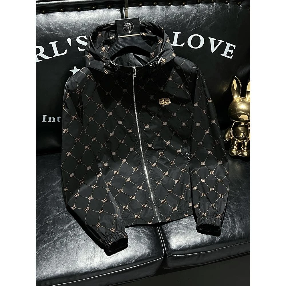 欧洲站轻奢潮牌印花连帽夹克男士春季新款欧货修身青年高档外套男