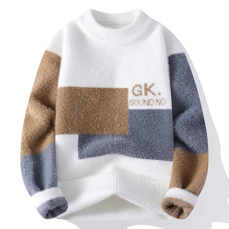 男士秋冬季新款潮牌提花针织衫内搭打底毛线衣男装时尚格子毛衣