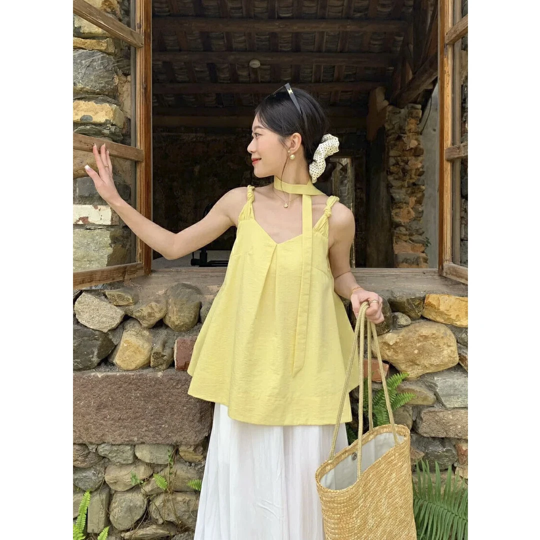 璎婲sᴀᴋᴜʀᴀ【柠檬汽水】图法式垂感显瘦V领吊带背心元气无袖衬衫