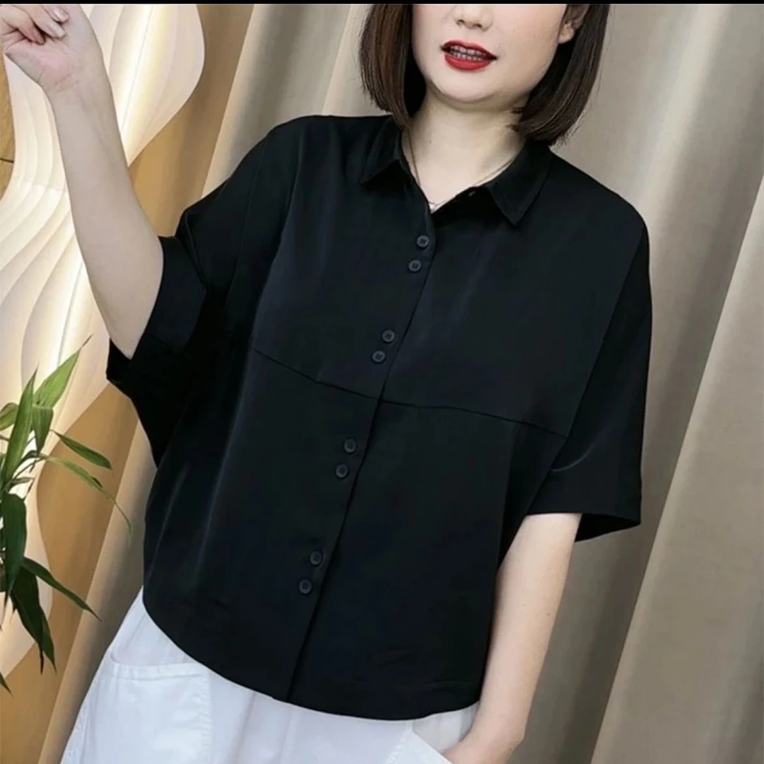 夏季单排多扣口袋休闲风短袖衬衫小众上衣宽松显瘦女装洋气妈妈装