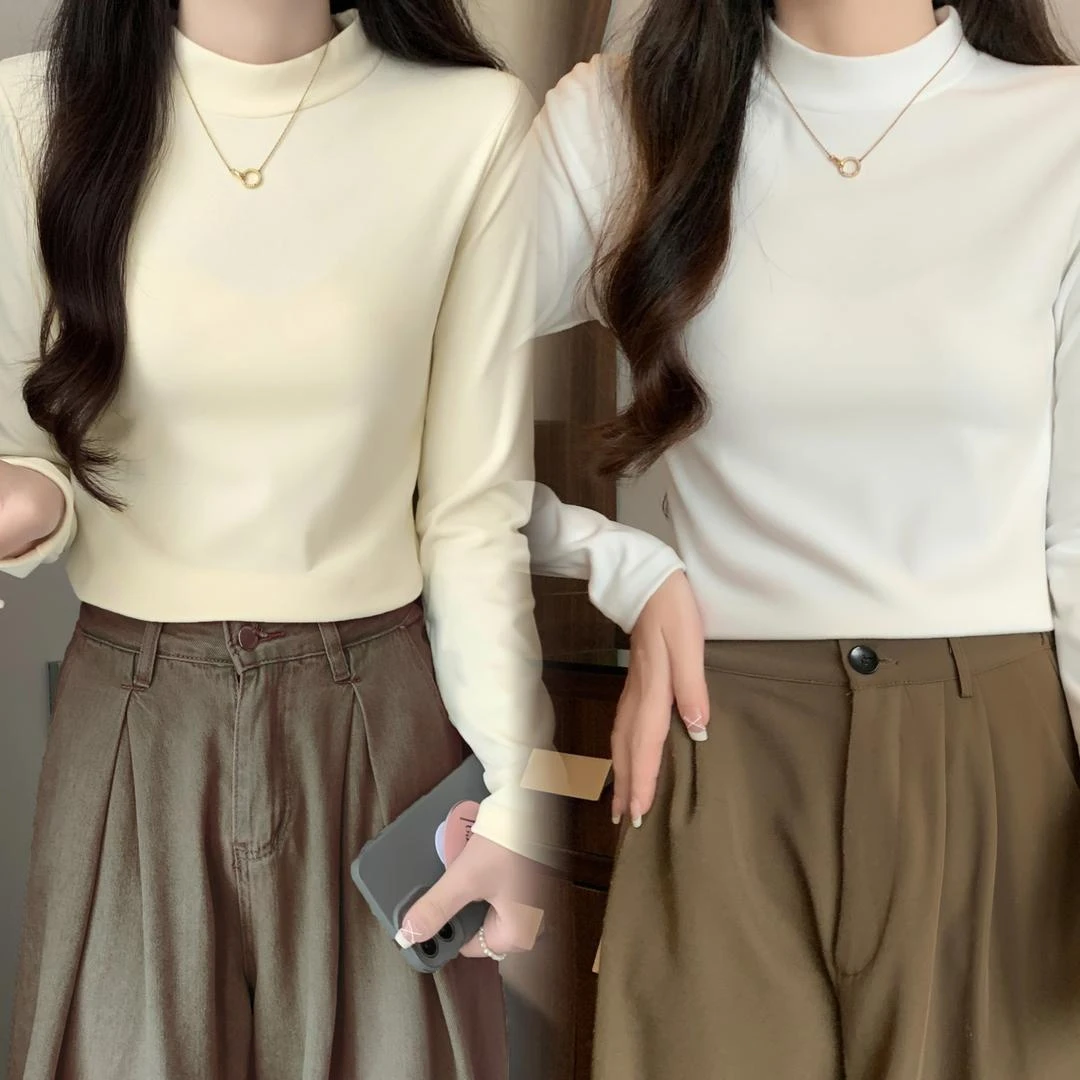 半高领打底衫女内搭秋冬2025新款双面磨毛双面绒显廋修身保暖上衣