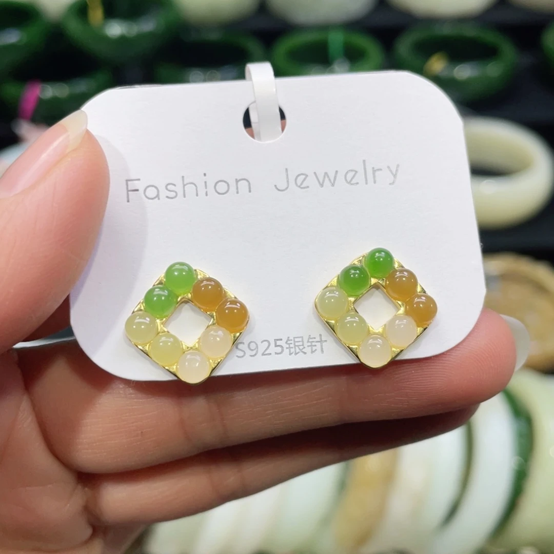 银S925镶嵌和田玉耳饰