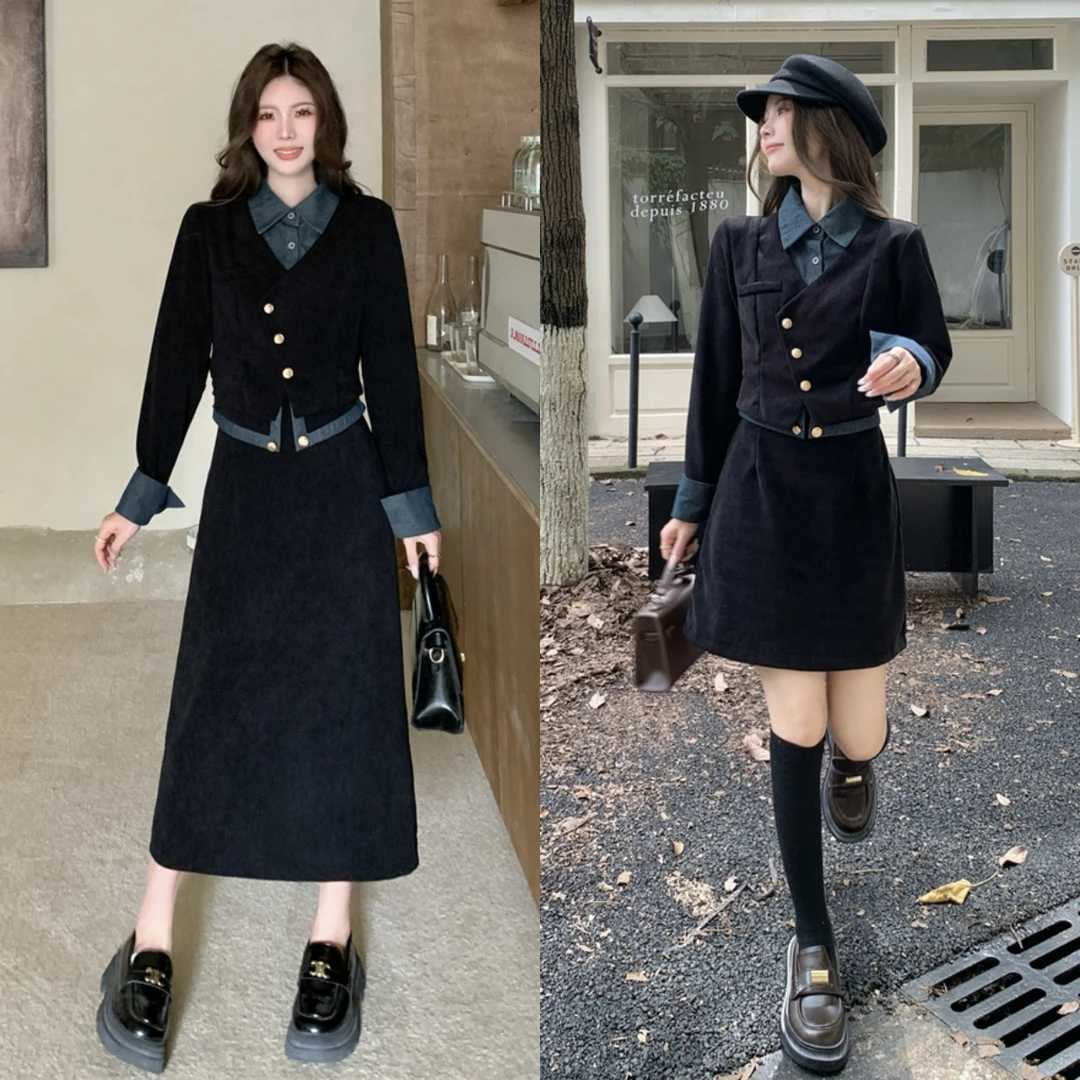 大码女装胖MM秋款假两件上衣+半身裙两件套装5007