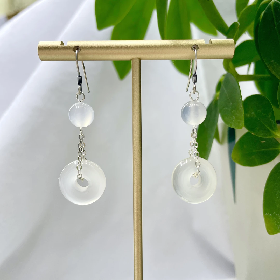 s925银天然白色玉髓耳坠女款玉石平安扣耳环复古简约配旗袍国风21