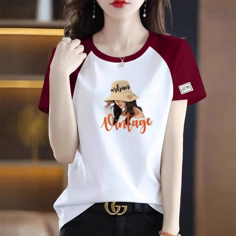 100%纯棉短袖t恤女夏季新款大码宽松休闲减龄撞色假两件圆领上衣