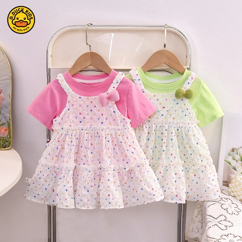 HAL.DUCK/哈罗小黄鸭女童波点连衣裙套装夏季新款短袖女宝宝两件