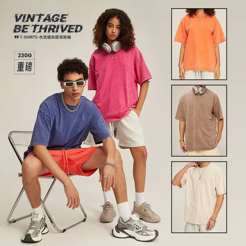 纯棉短袖t恤男女夏季美式衣服体恤大码宽松简约帅气水洗做旧短袖T