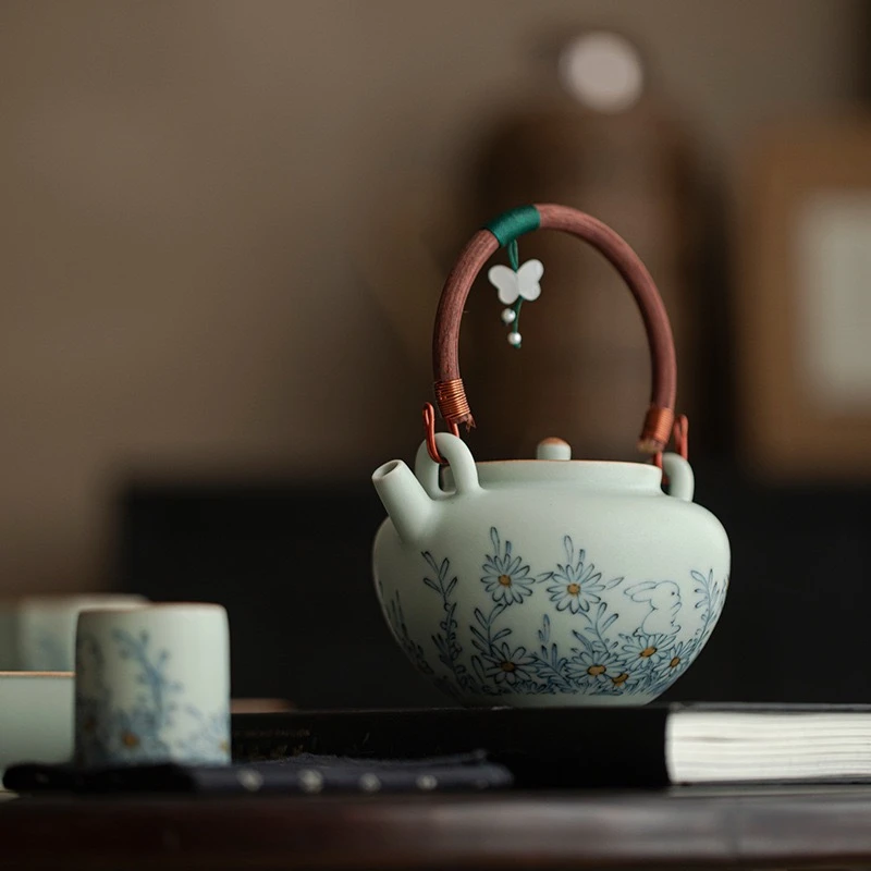 复古釉下青花手工小提梁壶茶壶家用陶瓷泡茶壶功夫茶具女士温茶炉