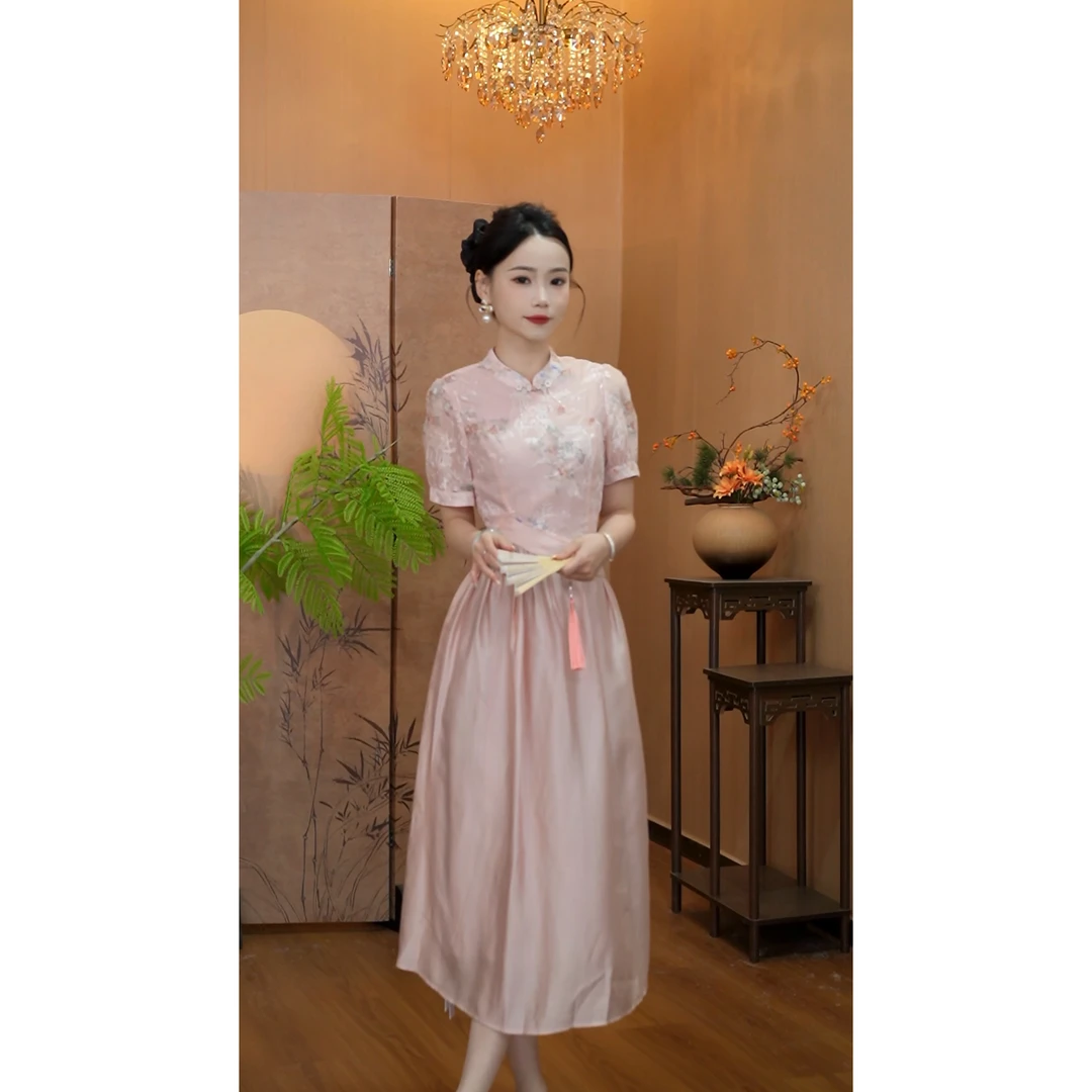 3719【逸韵】国风立领盘扣提花短袖拼接连衣裙过膝长款高级感裙子