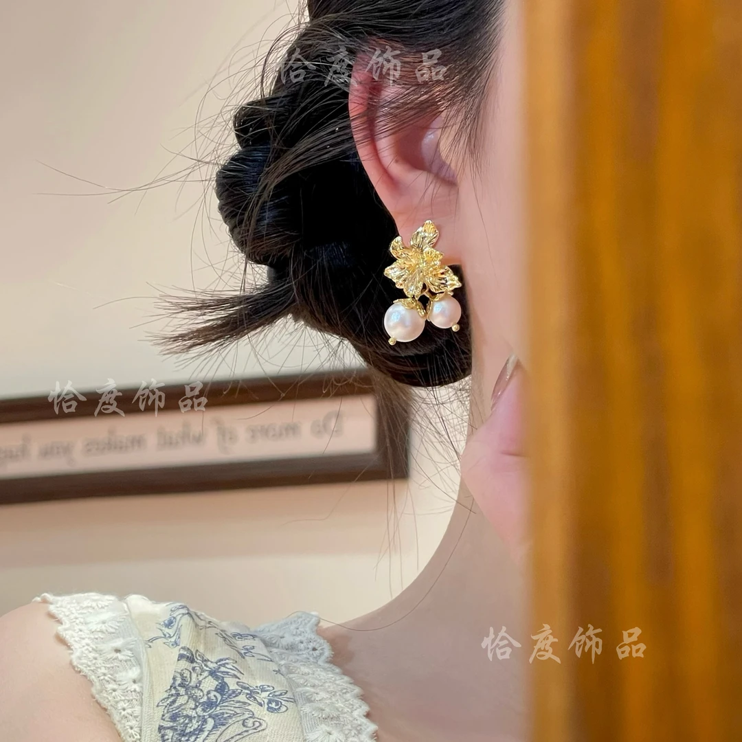 【恰度】富贵花珠珠流苏耳钉简约气质金色