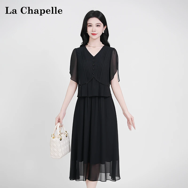 【拉夏贝尔】夏季法式设计感显瘦松紧腰短袖假两件连衣裙女