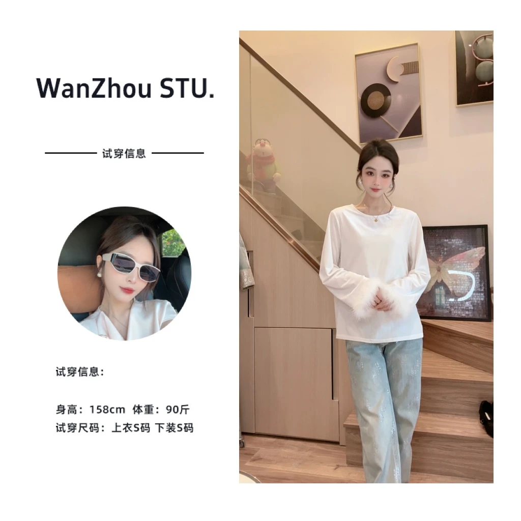 （运费补贴）新中式国风拼接秋冬新款丝绒圆领宽松休闲打底衫