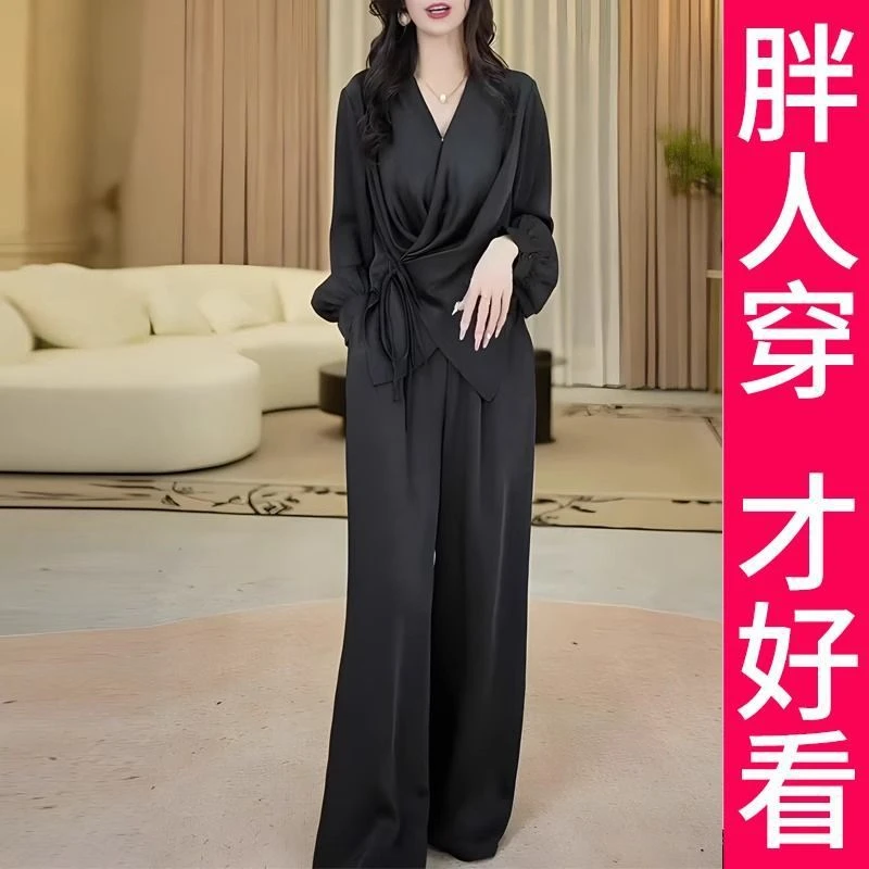 200斤高档大码黑色套装女2025春新款轻奢简约设计时尚气质两件套