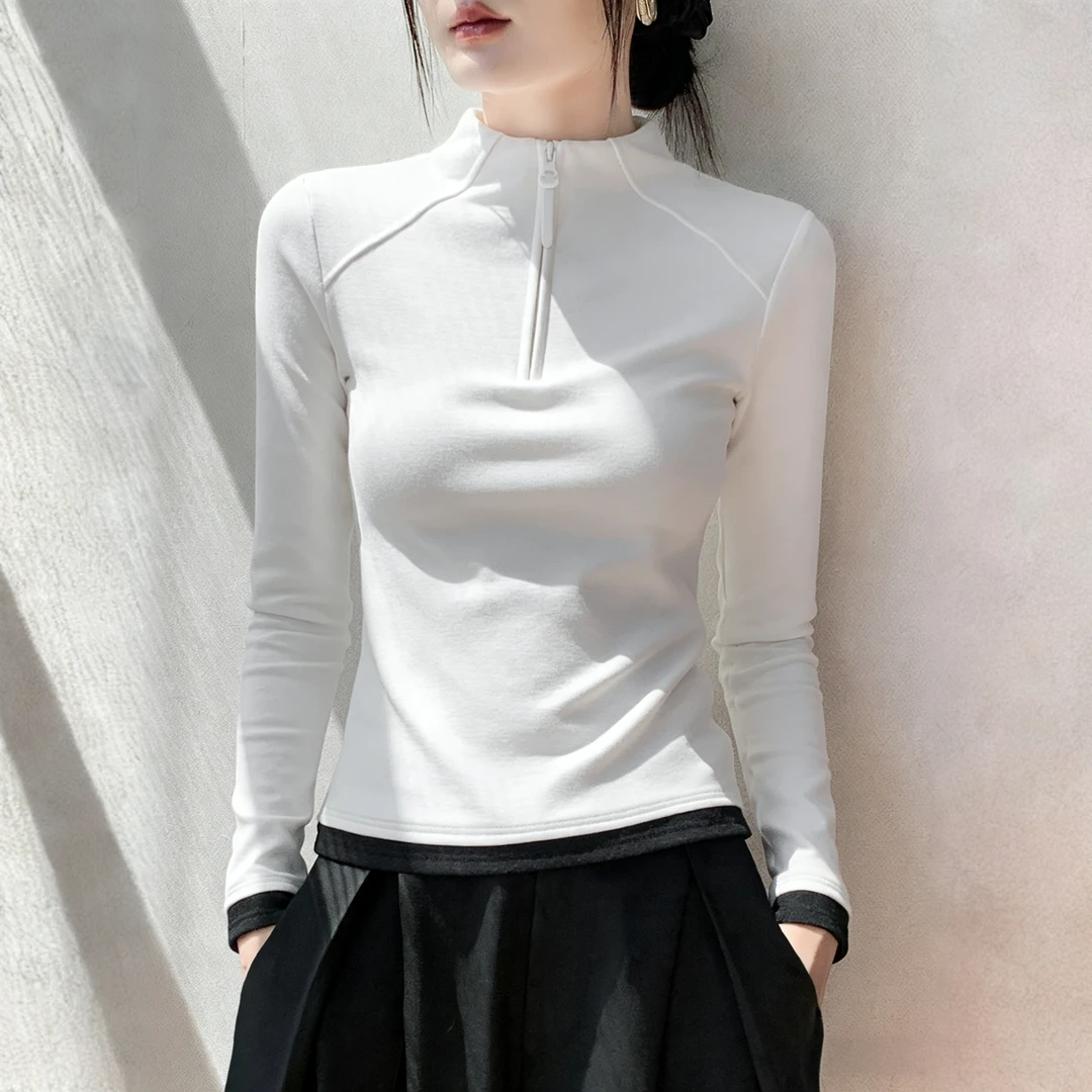 高级双面德绒立领半拉链内搭打底衫女秋冬新款高级感显瘦长袖上衣