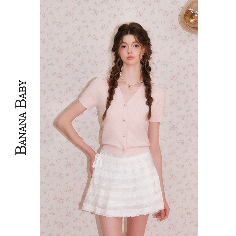 【粉丝专属】BananaBaby泡泡袖薄款女V领套头针织衫D252MY020