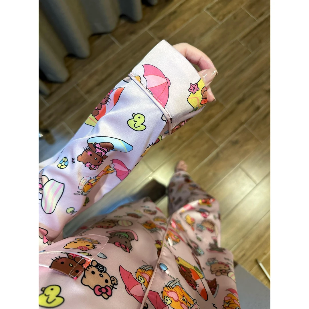 甜美风可爱kitty猫凯蒂猫印花冰丝睡衣女套装2025春秋新款家居服