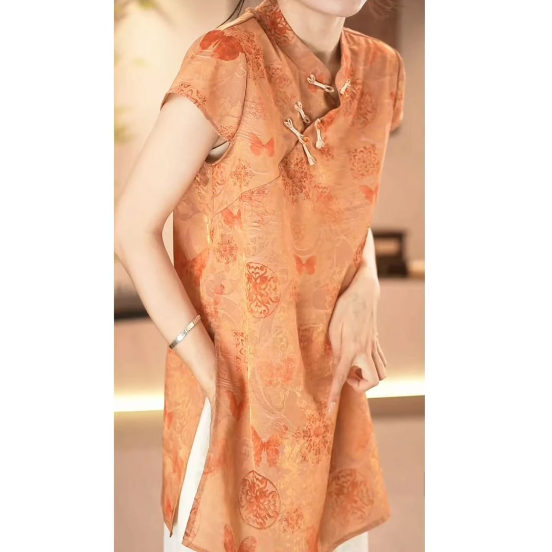 【芊泽】夏季新款气质国风中长款短袖上衣A-1091-119