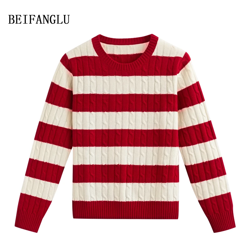 北方鹿口碑髙货经典款绵羊毛气质绞花条纹套头针织羊毛衫女6572