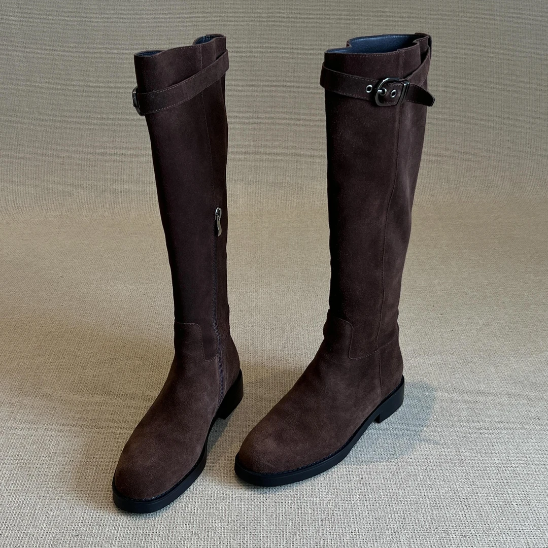 羊皮版~2025新款法式洋气圆头银扣绒面高筒长靴女真皮粗跟骑士靴