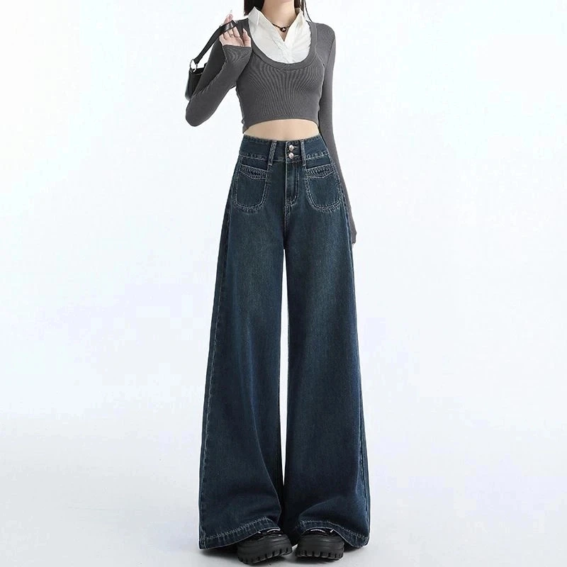 大码定制阔腿牛仔裤女高腰2025春季新款宽松显瘦百搭直筒拖地长裤