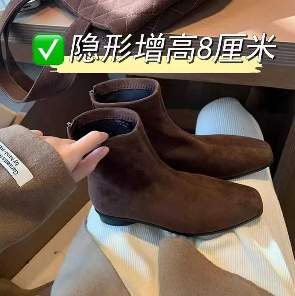 小个子内增高8cm法式方头复古棕色绒面粗跟短靴拉链平底马丁靴女