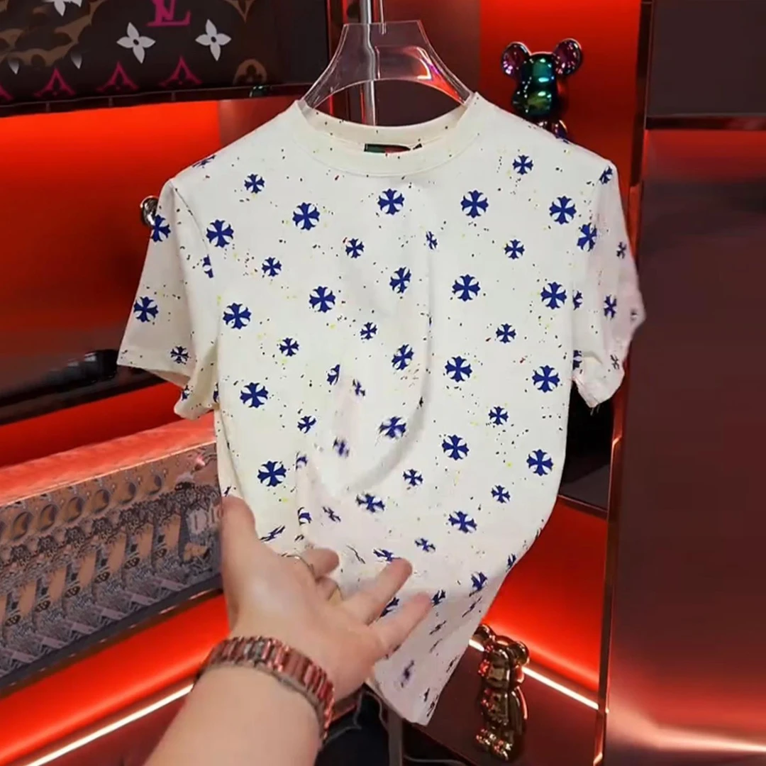 高端轻奢男士十字短袖t个性百搭满印彩点半袖夏季新款圆领痞帅T恤