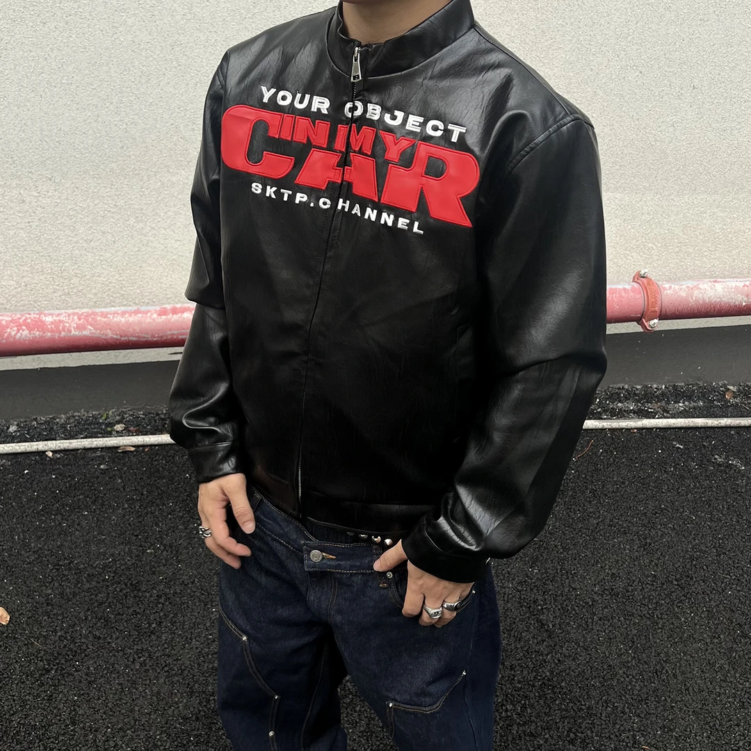 黑男美式复古刺绣字母PU皮衣外套男女街头潮牌机车正肩短宽夹克