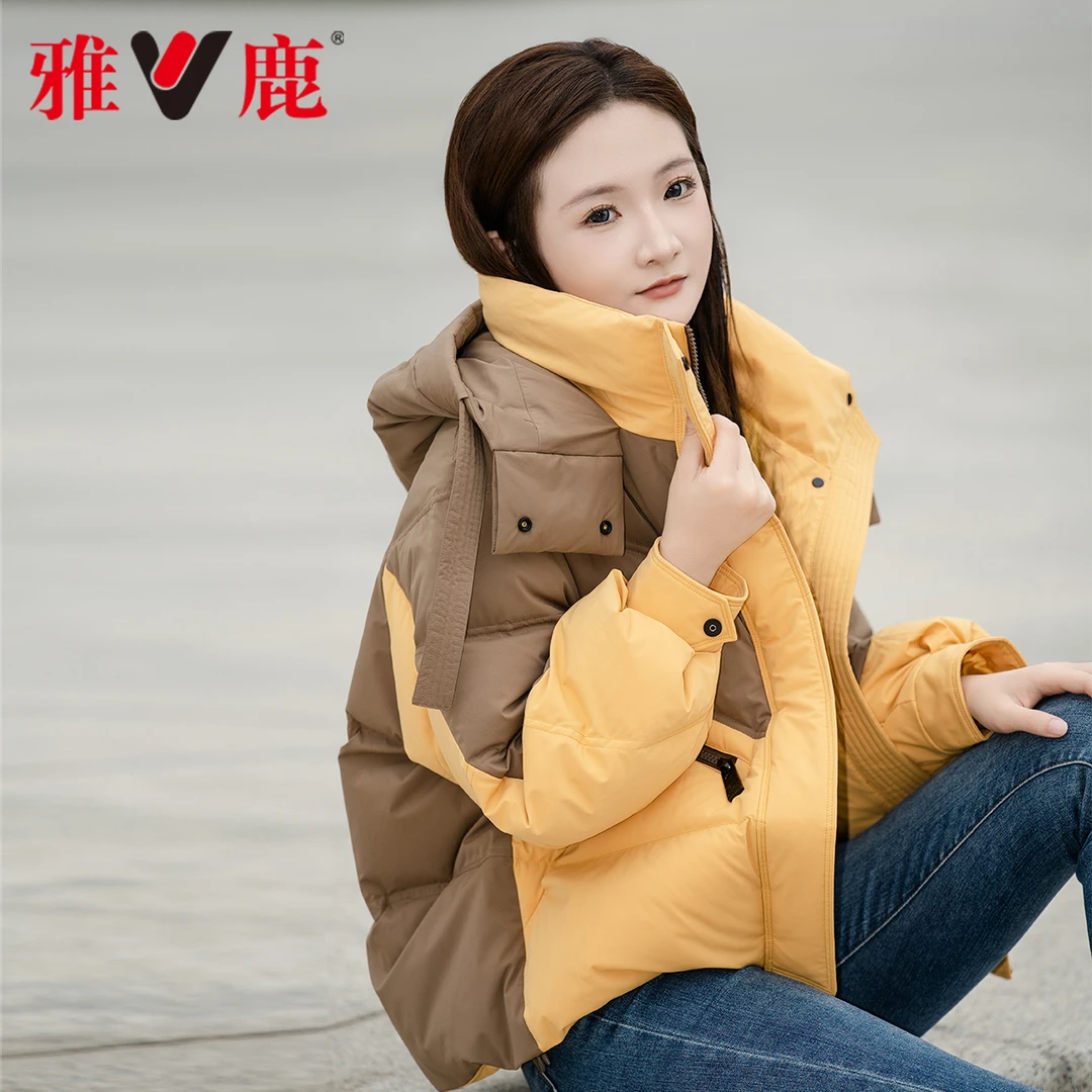 雅鹿羽绒服连帽轻薄短款修身外套撞色拼接休闲宽松YSX01Z05150