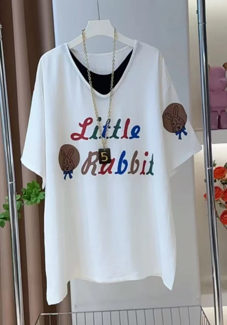 70531彩色字母撞色领口假两件夏款短袖，长70