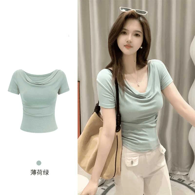 韩系时尚紧身收腰一字肩荡领T恤女夏季爆款纯欲高级感短袖上衣潮