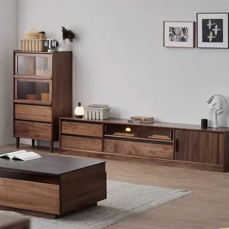 全实木电视柜北美黑胡桃小户型矮柜北欧多功能客厅激光投影仪柜