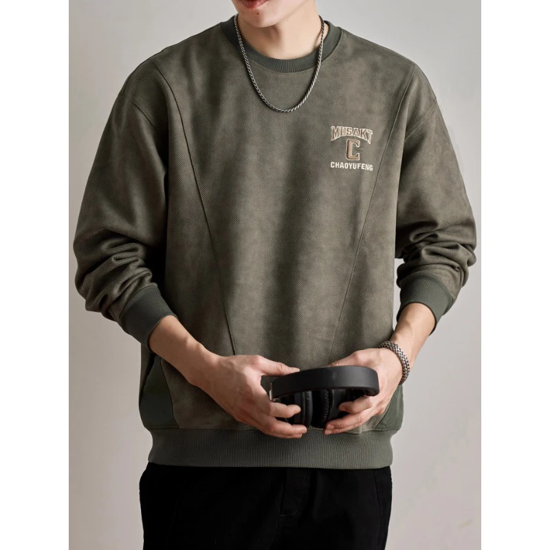 MR.MUDI/穆迪先生麂皮绒拼接卫衣男士秋季新款宽松字母刺绣上衣潮