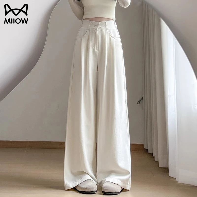 【猫人】冰丝垂感山本裤女夏季薄2025新款小个子高腰米白西装阔腿裤