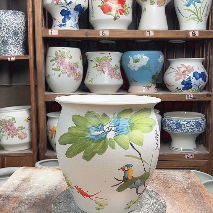 圆口荷花鸟台陶瓷陶瓷陶瓷