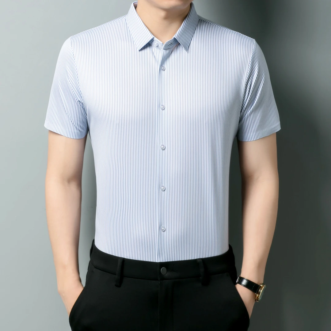 卡尔皮诺5201轻奢薄款条纹男士正装休闲商务高档短袖无痕休闲衬衫