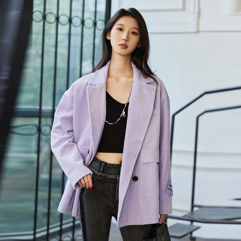 UTI新款淡紫色坑条西装外套女时尚休闲贴标外塔上衣春季新款
