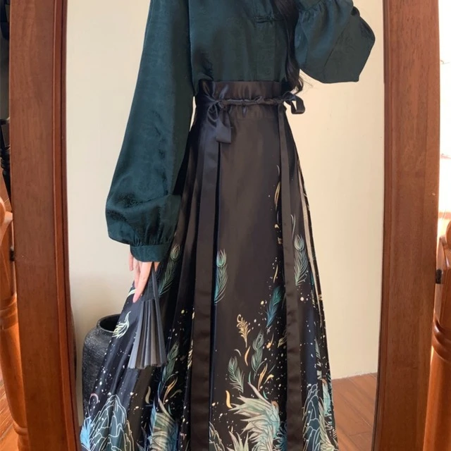 大码新中式时尚套装女春季长袖盘扣衬衫上衣胖MM显瘦马面裙两件套