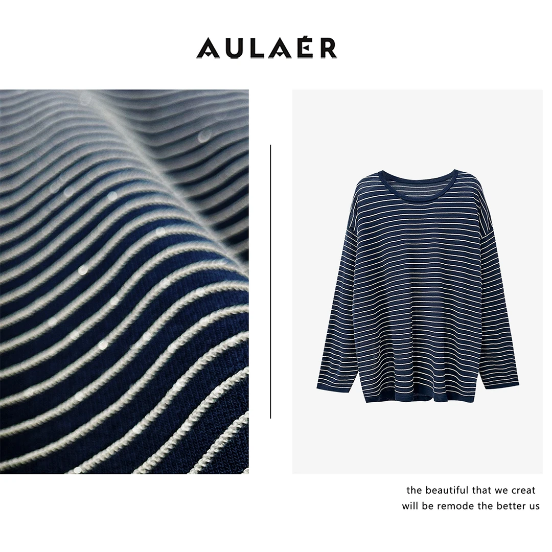 AULAER/澳拉尔【安琳专属】亚麻莱赛尔条纹慵懒感针织衫ALE234451