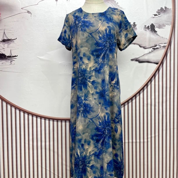 1130中袖套头中长款圆领国风高腰重磅图片为准夏季连衣裙蓝色花色