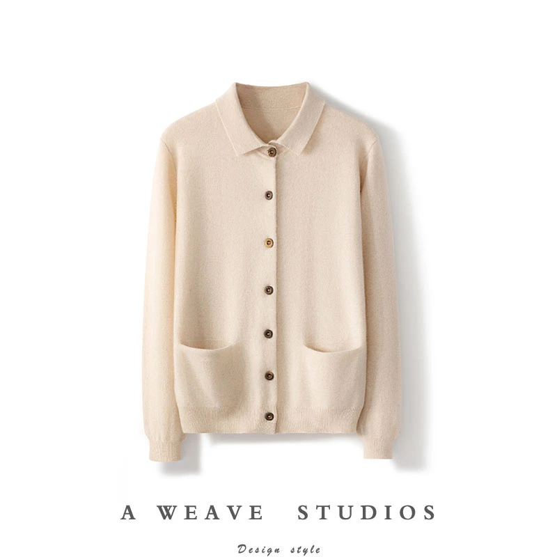 【100%羊绒】衬衣领针织开衫外套女