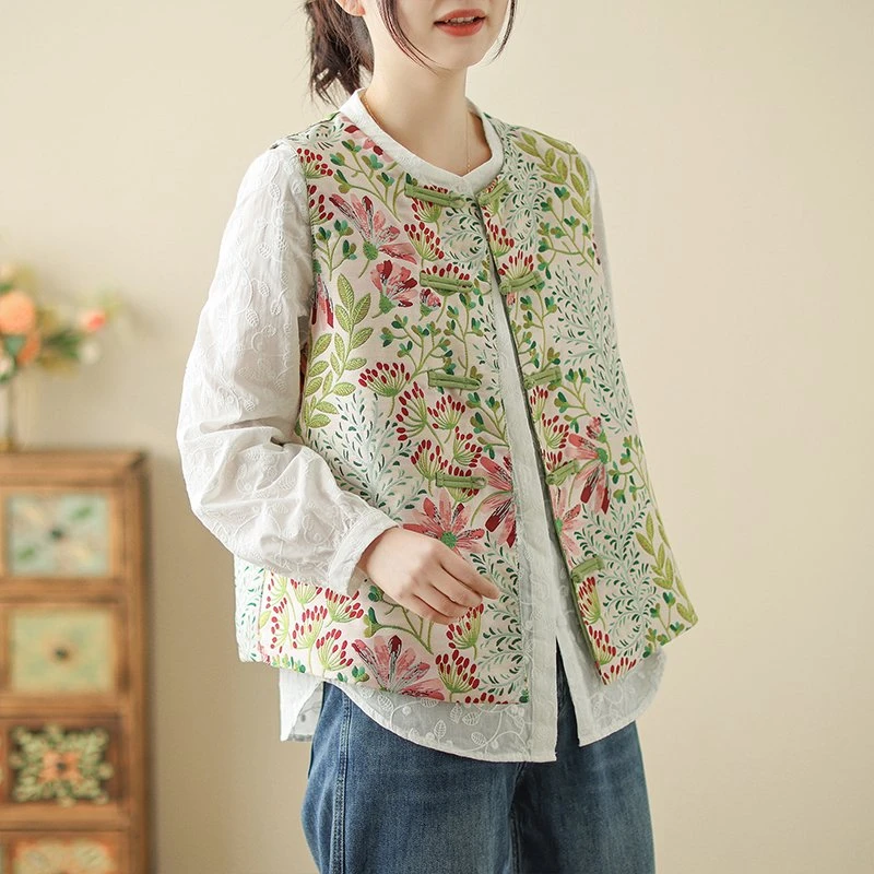 2025春刺绣宽松中式民族风提花碎花背心文艺大码马甲打底外套