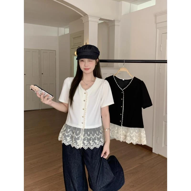 【现货】高级感蕾丝短袖T恤女夏季小众设计感显瘦别致气质上衣06019