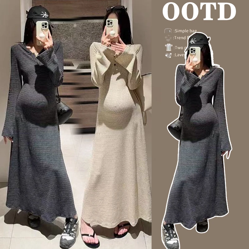 秋季孕妇装时髦洋气秋冬孕妇慵懒风连帽遮肚条纹拖地长裙中长款裙