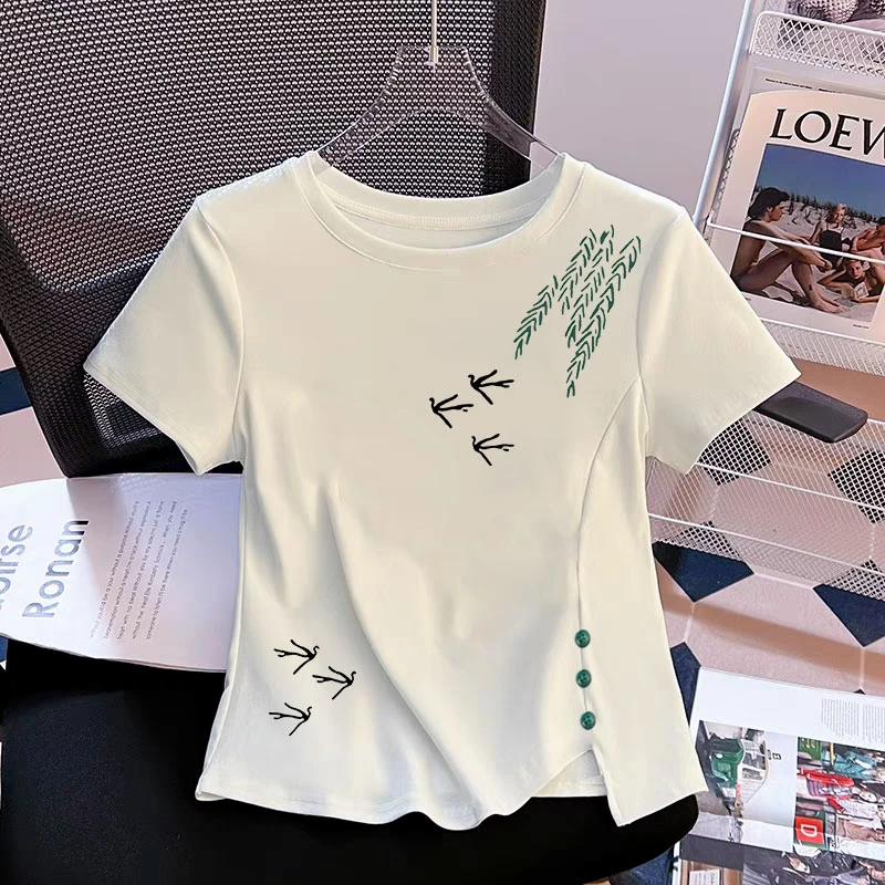 夏季新款圆领短袖百搭白色韩版纽扣开叉T恤印花t恤小众休闲