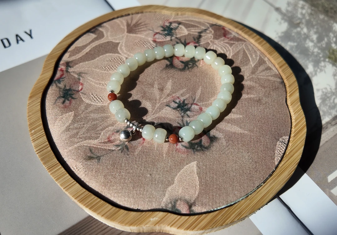 天然和田玉老型珠南红S925银珠铃铛配饰手串7mm国风古风单圈清新