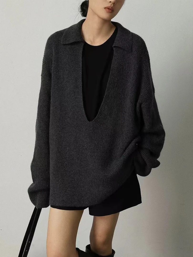 单上衣-法式气质V领针织羊毛衫女秋冬100羊毛宽松慵懒中长款毛衣